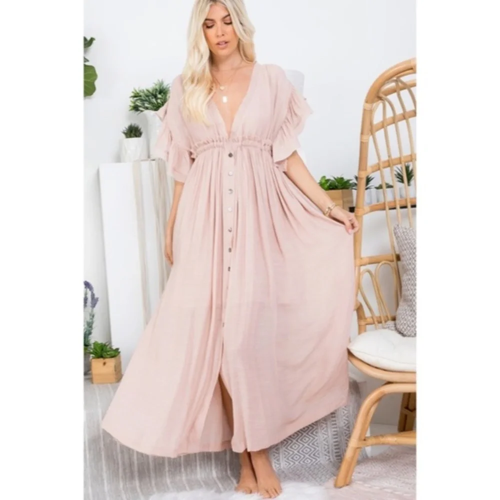 SOLD OUT Nude Blush Gauze Boho Button Short Slv Deep V Woven Gathered Maxi - Picture 3 of 6